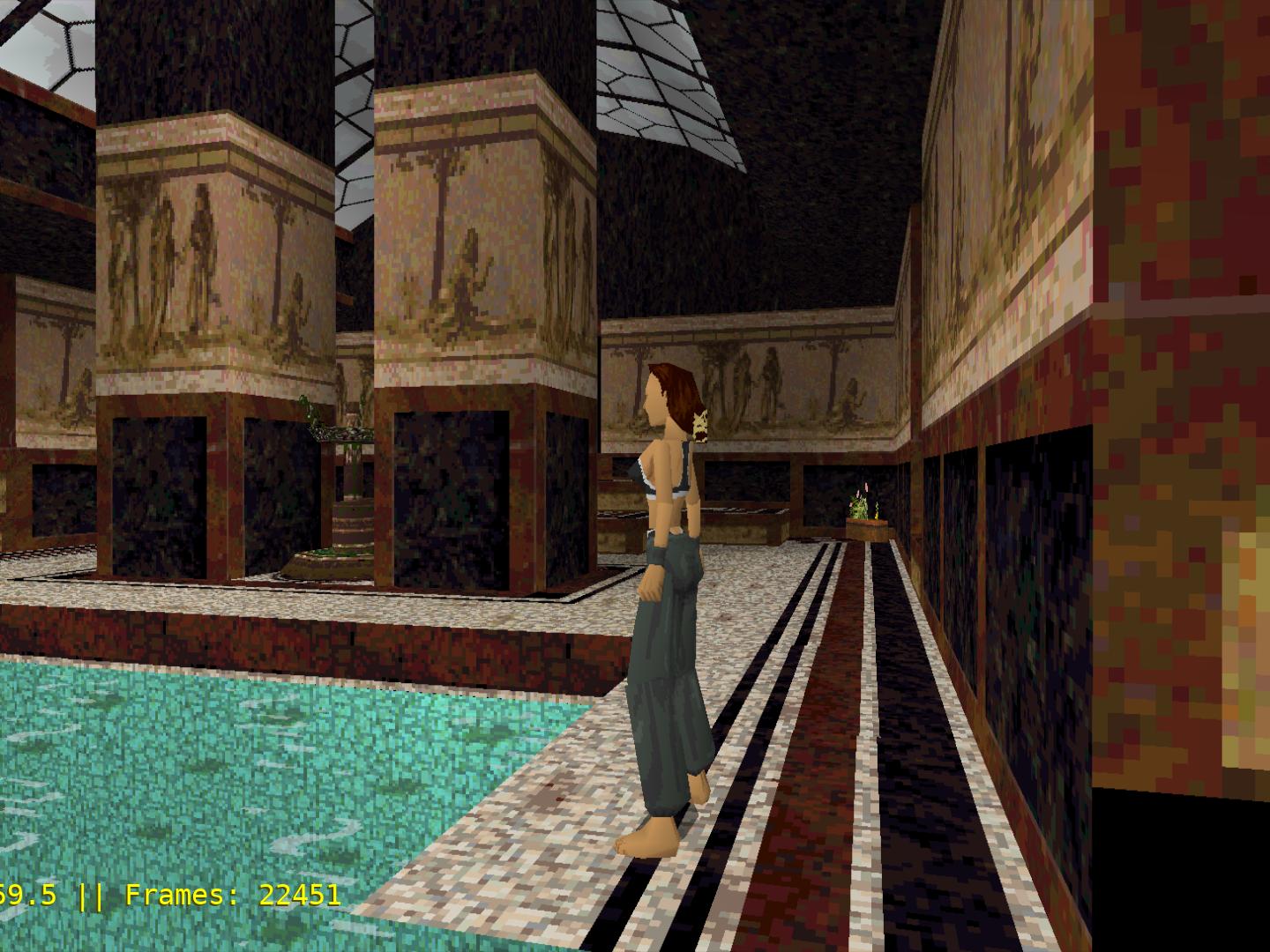 The same game scene with straight floor stripes under perspective-correct texture mapping